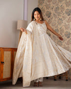 Women's Off-White Floral Brocade Anarkali Kurta with Pants and Dupatta Set