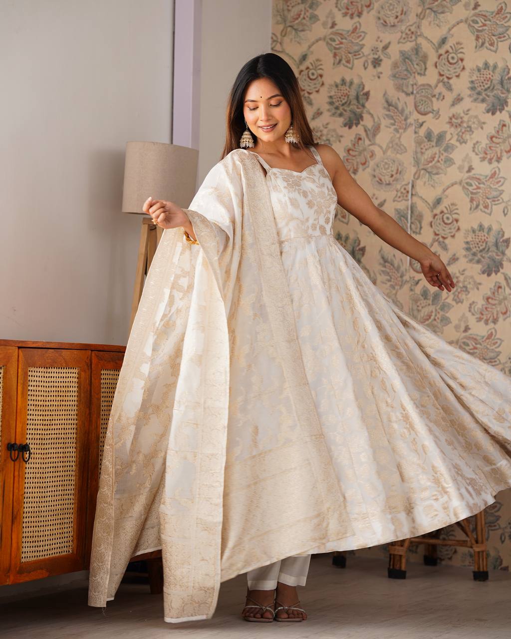 Women's Off-White Floral Brocade Anarkali Kurta with Pants and Dupatta Set