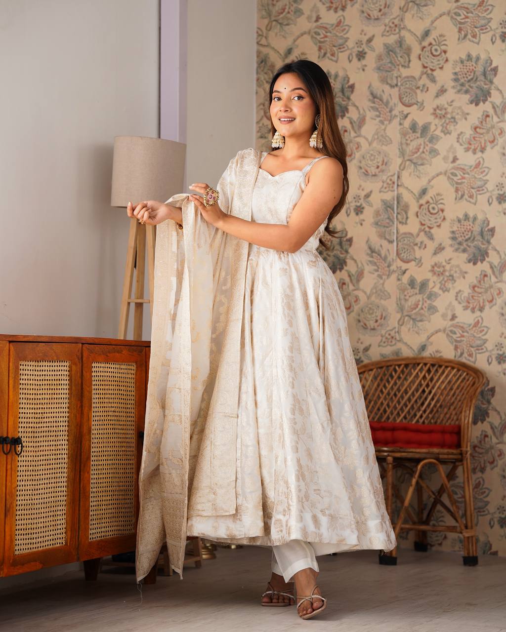 Women's Off-White Floral Brocade Anarkali Kurta with Pants and Dupatta Set