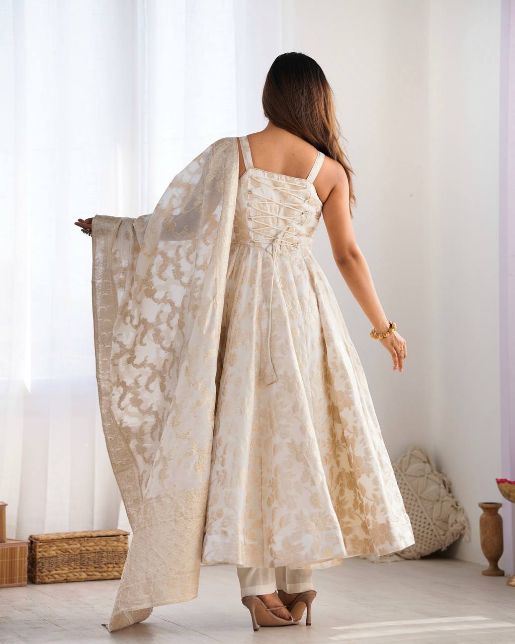 Women's Off-White Floral Brocade Anarkali Kurta with Pants and Dupatta Set