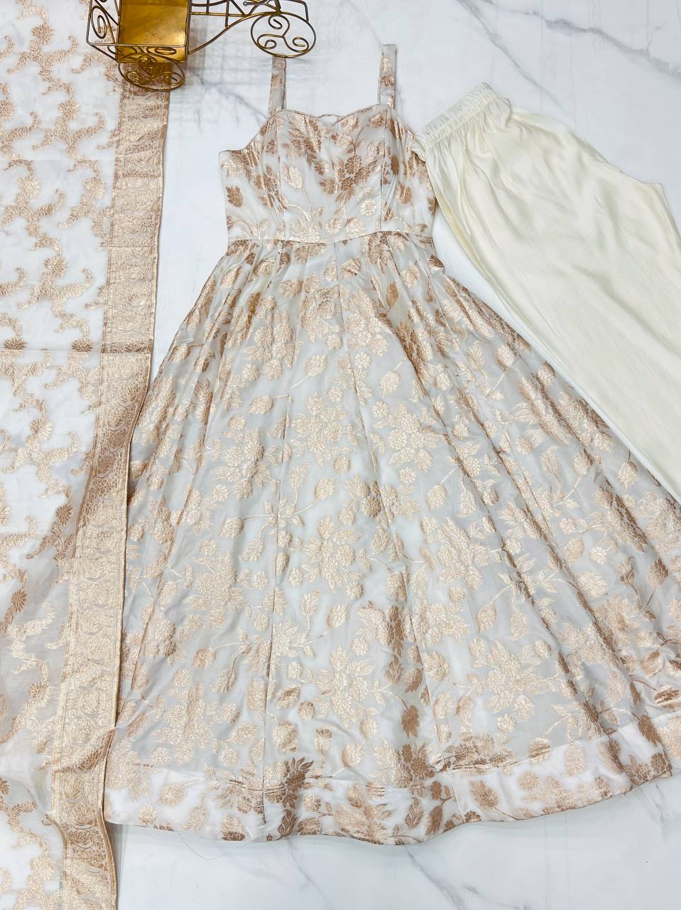Women's Off-White Floral Brocade Anarkali Kurta with Pants and Dupatta Set