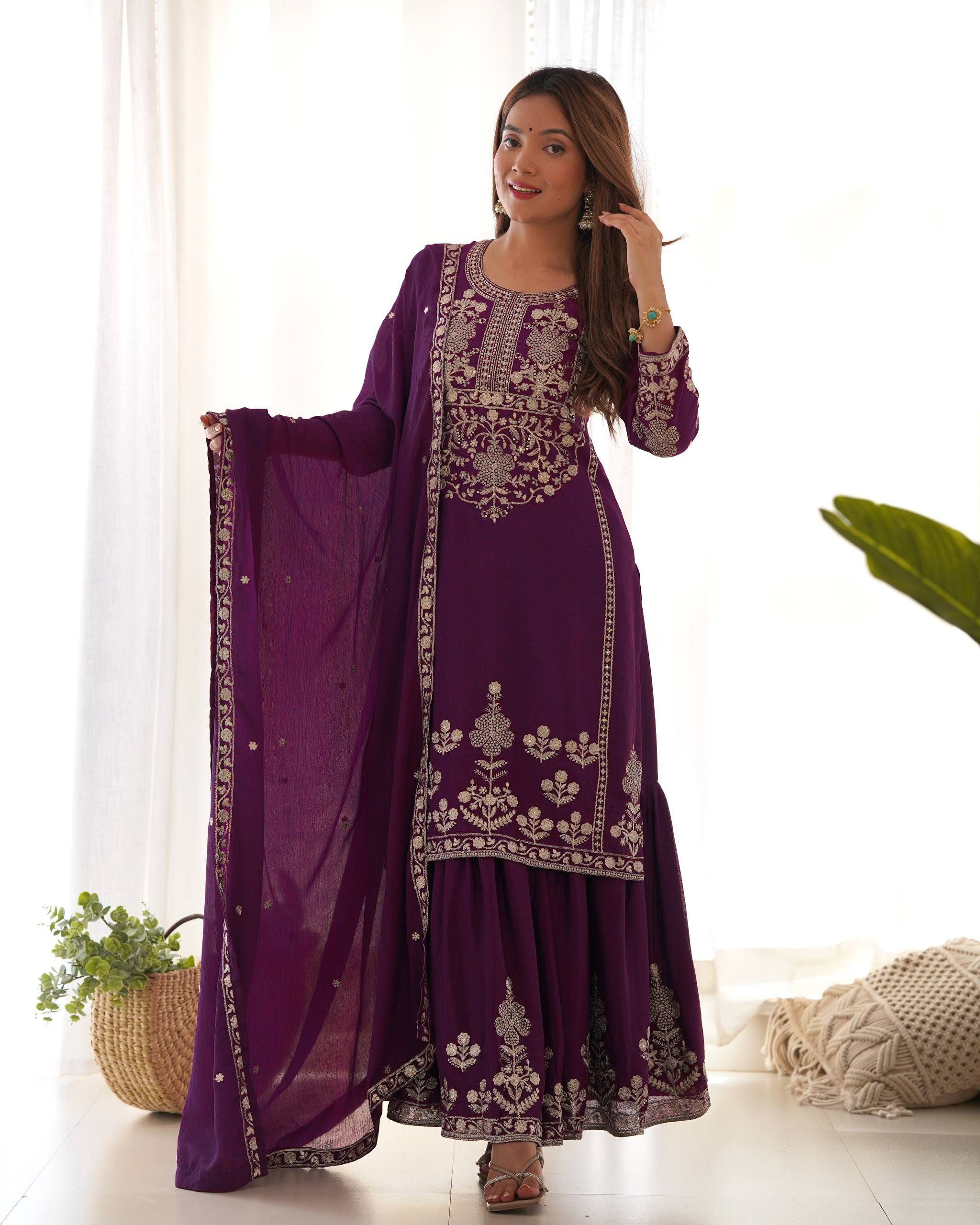 Majestic Deep Purple Silk-Blend Festive Kurta with Sharara and Zari Details