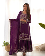 Majestic Deep Purple Silk-Blend Festive Kurta with Sharara and Zari Details