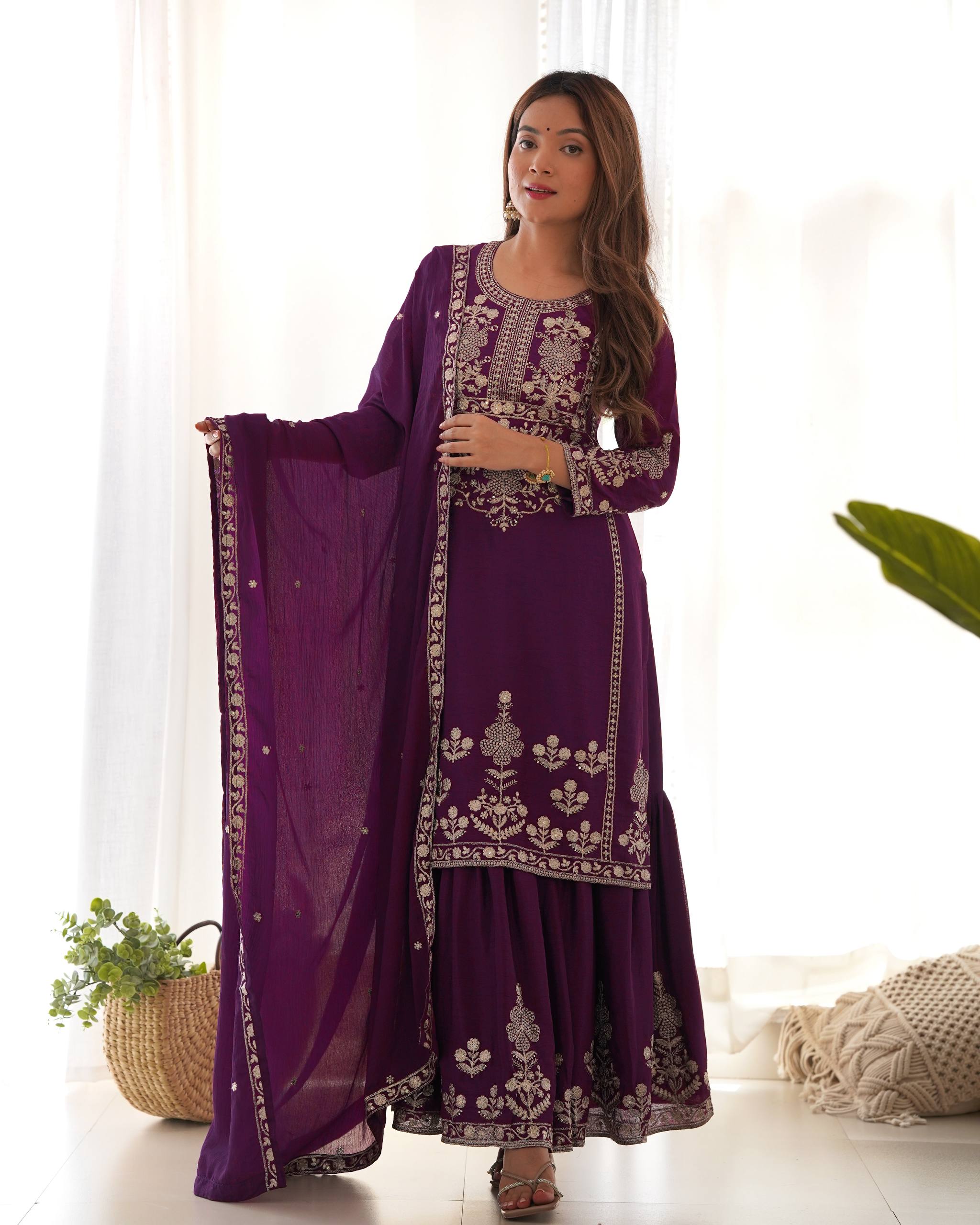Majestic Deep Purple Silk-Blend Festive Kurta with Sharara and Zari Details