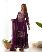 Majestic Deep Purple Silk-Blend Festive Kurta with Sharara and Zari Details