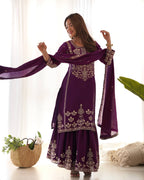Majestic Deep Purple Silk-Blend Festive Kurta with Sharara and Zari Details
