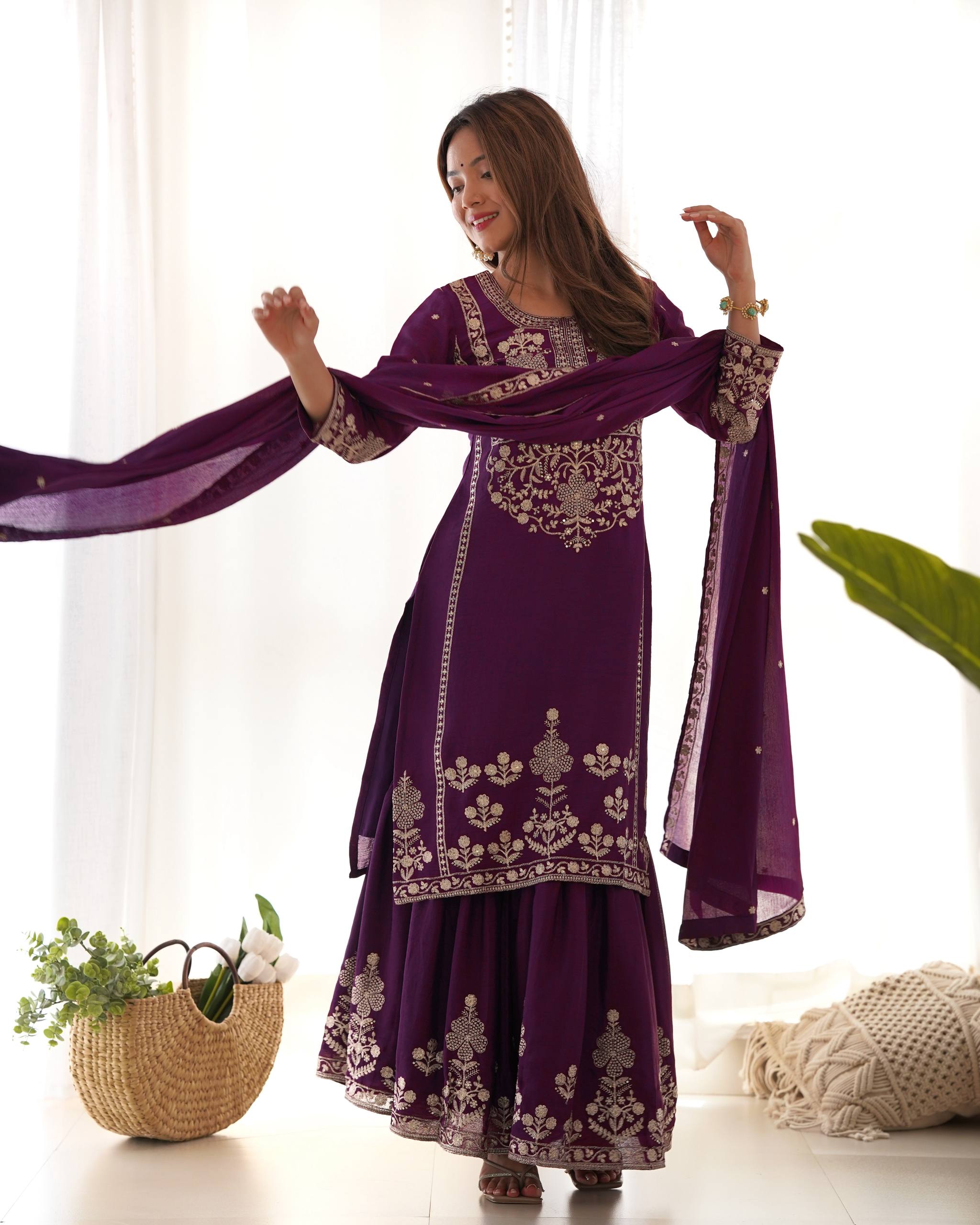 Majestic Deep Purple Silk-Blend Festive Kurta with Sharara and Zari Details