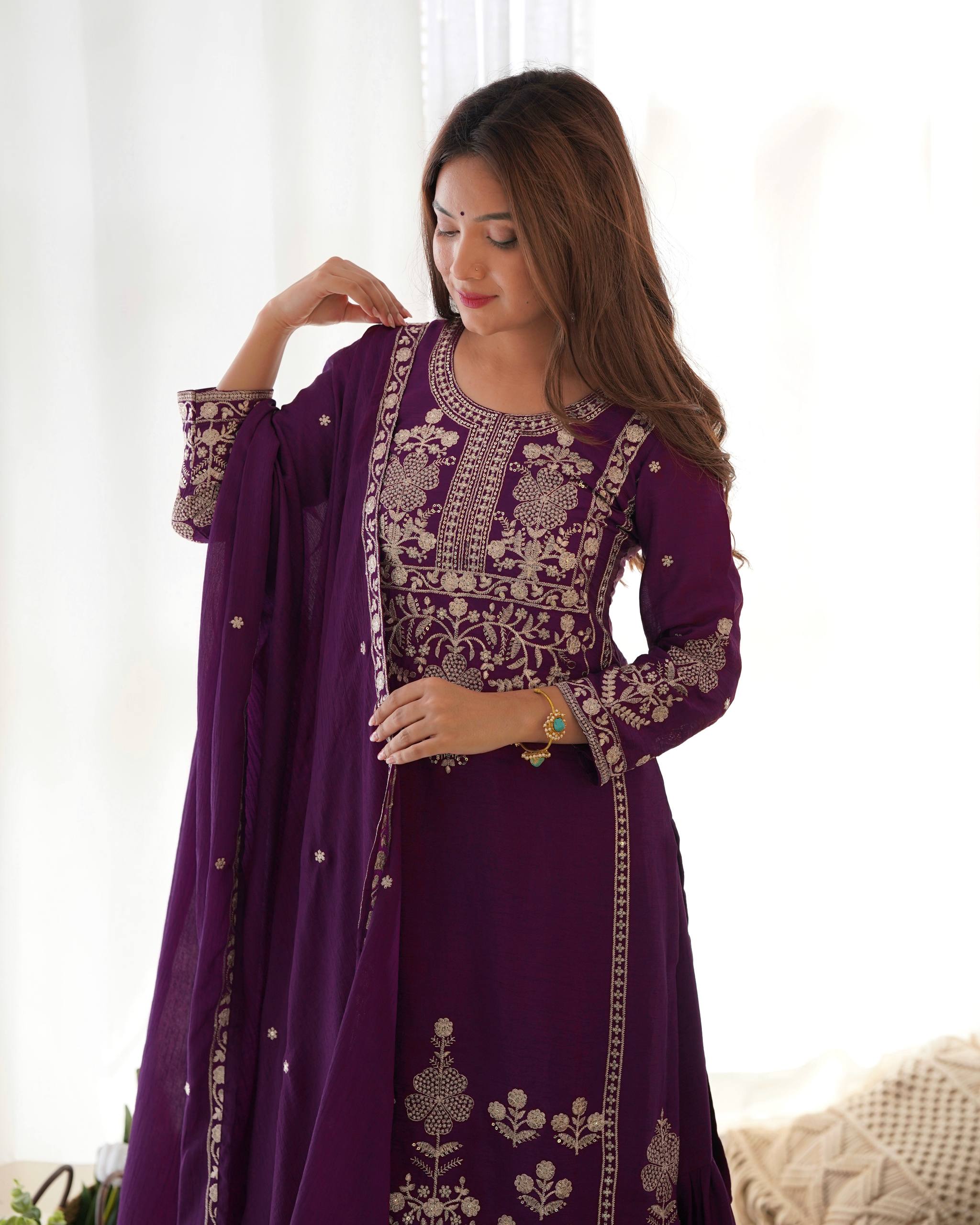 Majestic Deep Purple Silk-Blend Festive Kurta with Sharara and Zari Details