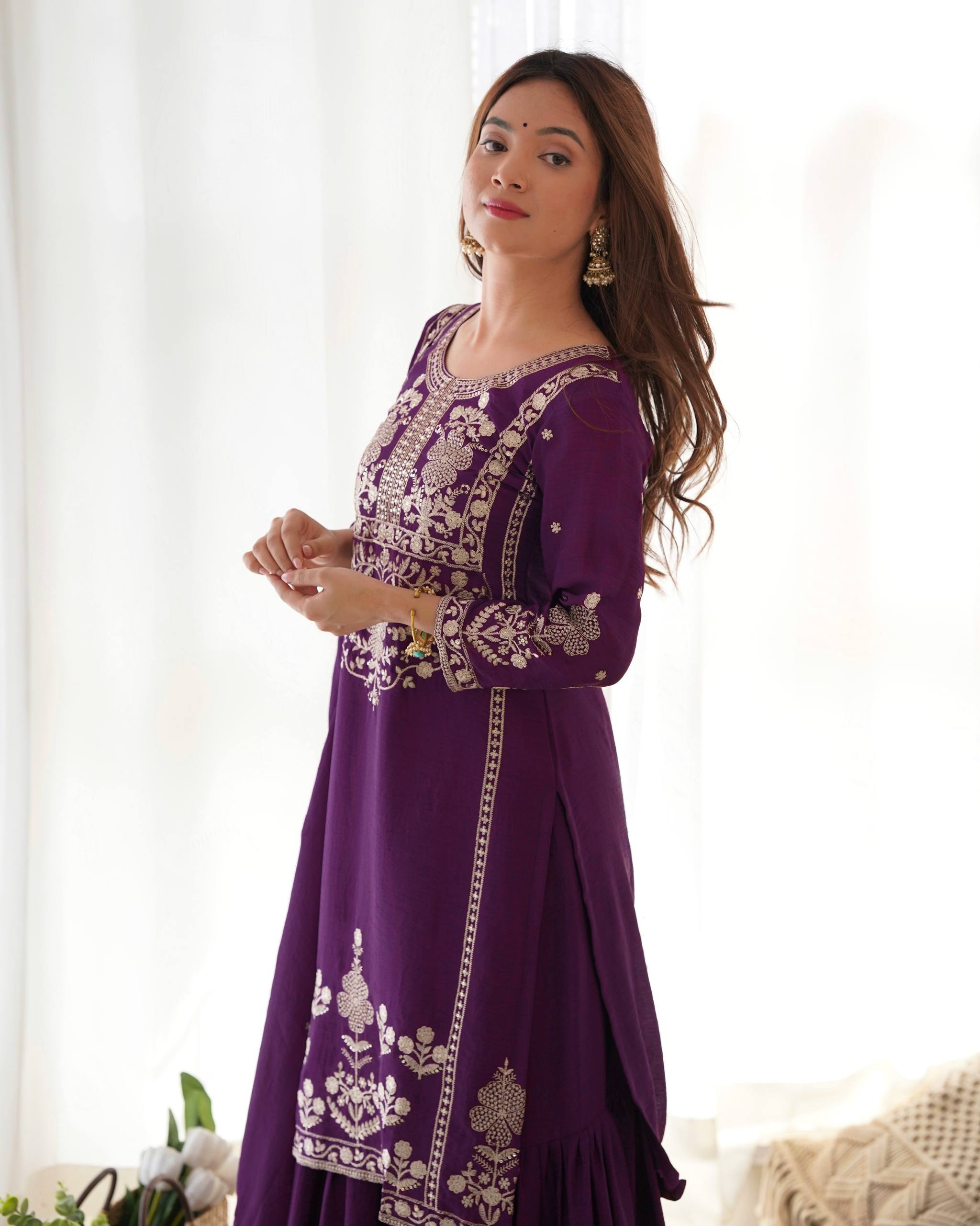 Majestic Deep Purple Silk-Blend Festive Kurta with Sharara and Zari Details
