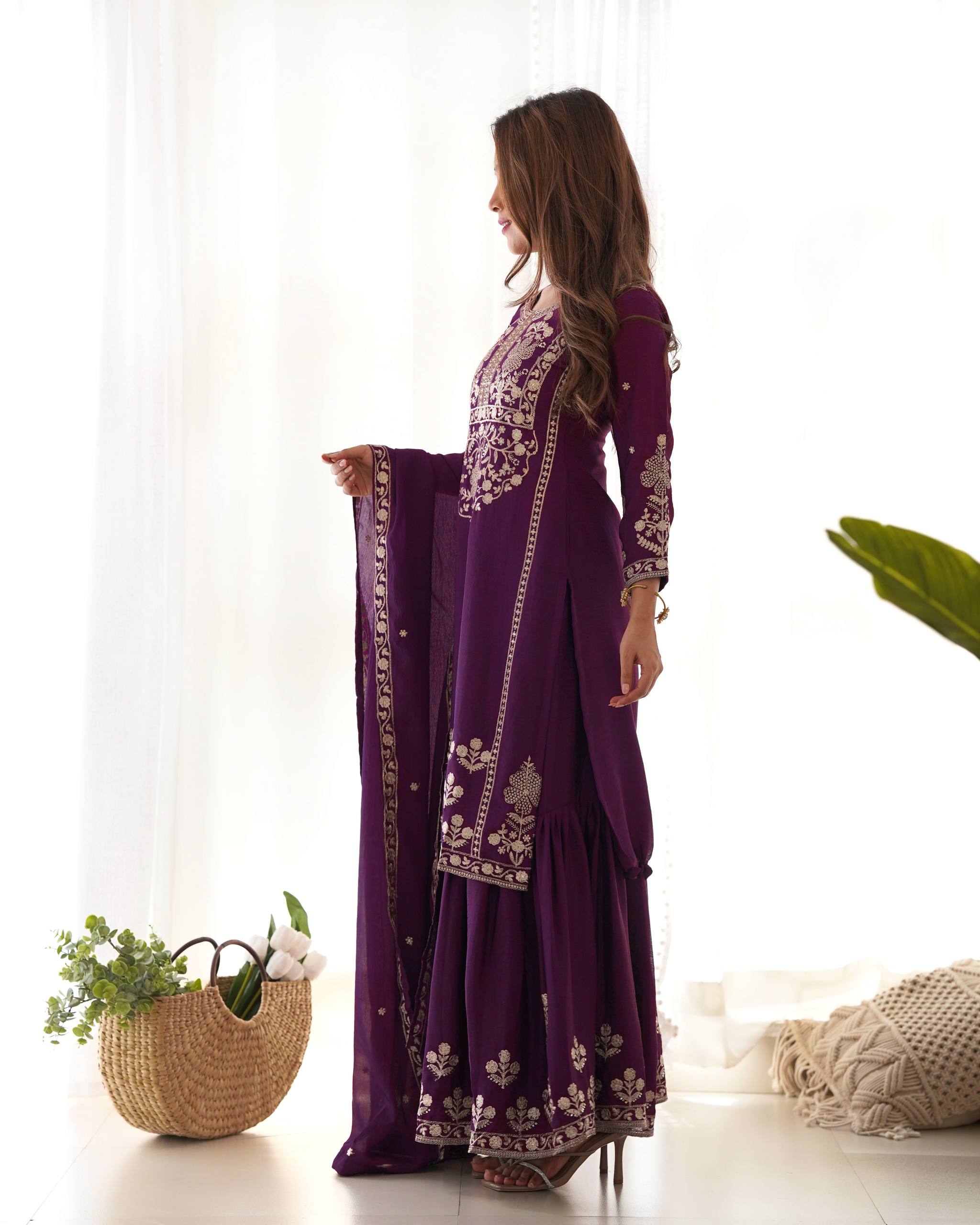 Majestic Deep Purple Silk-Blend Festive Kurta with Sharara and Zari Details