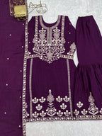 Majestic Deep Purple Silk-Blend Festive Kurta with Sharara and Zari Details