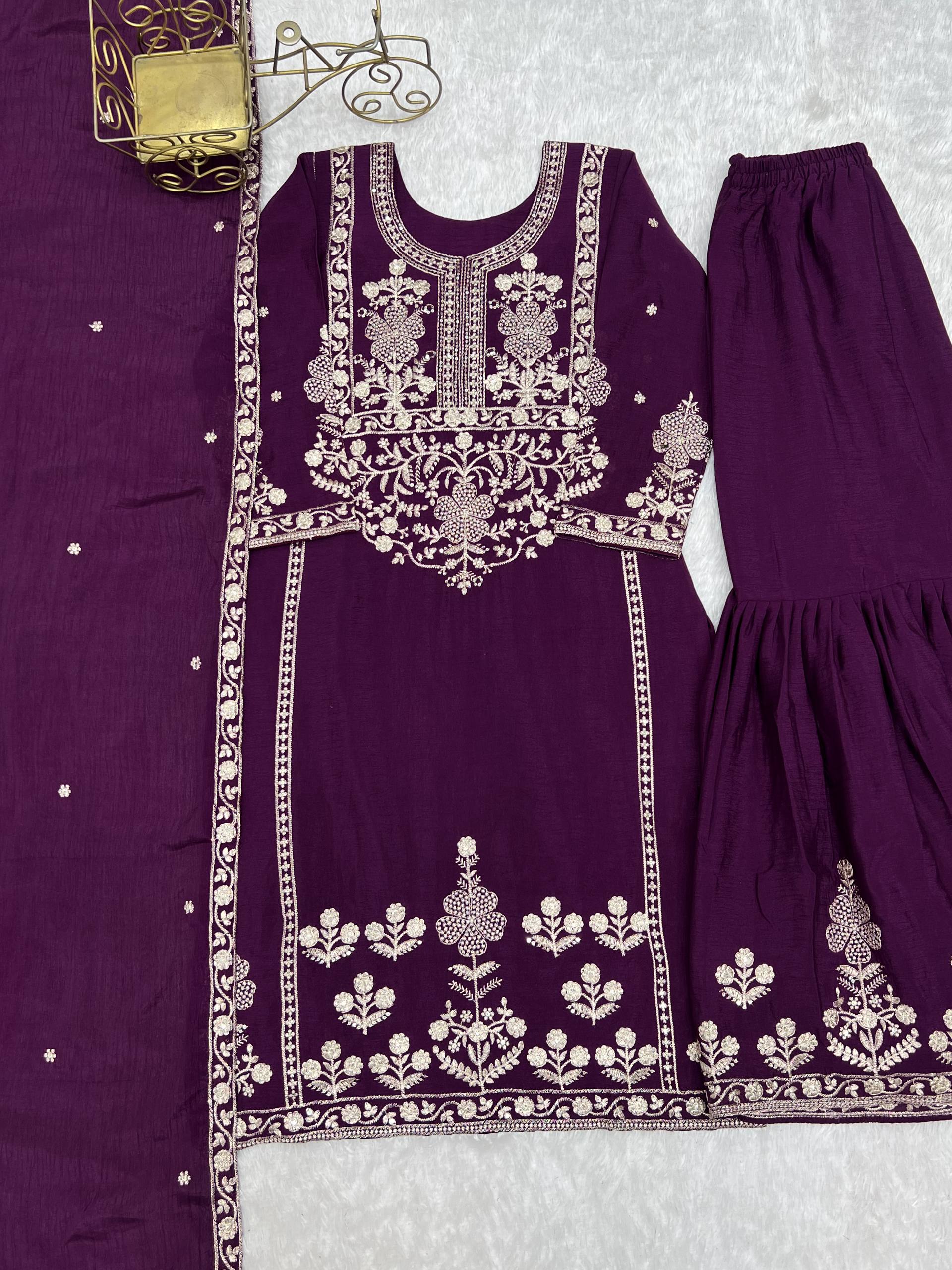 Majestic Deep Purple Silk-Blend Festive Kurta with Sharara and Zari Details
