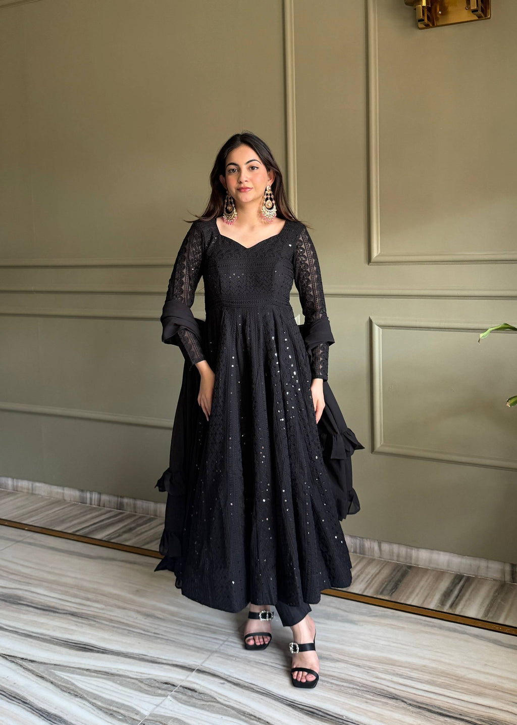 High-Volume Flared Chikankari Kurta with Statement Ruffled Dupatta