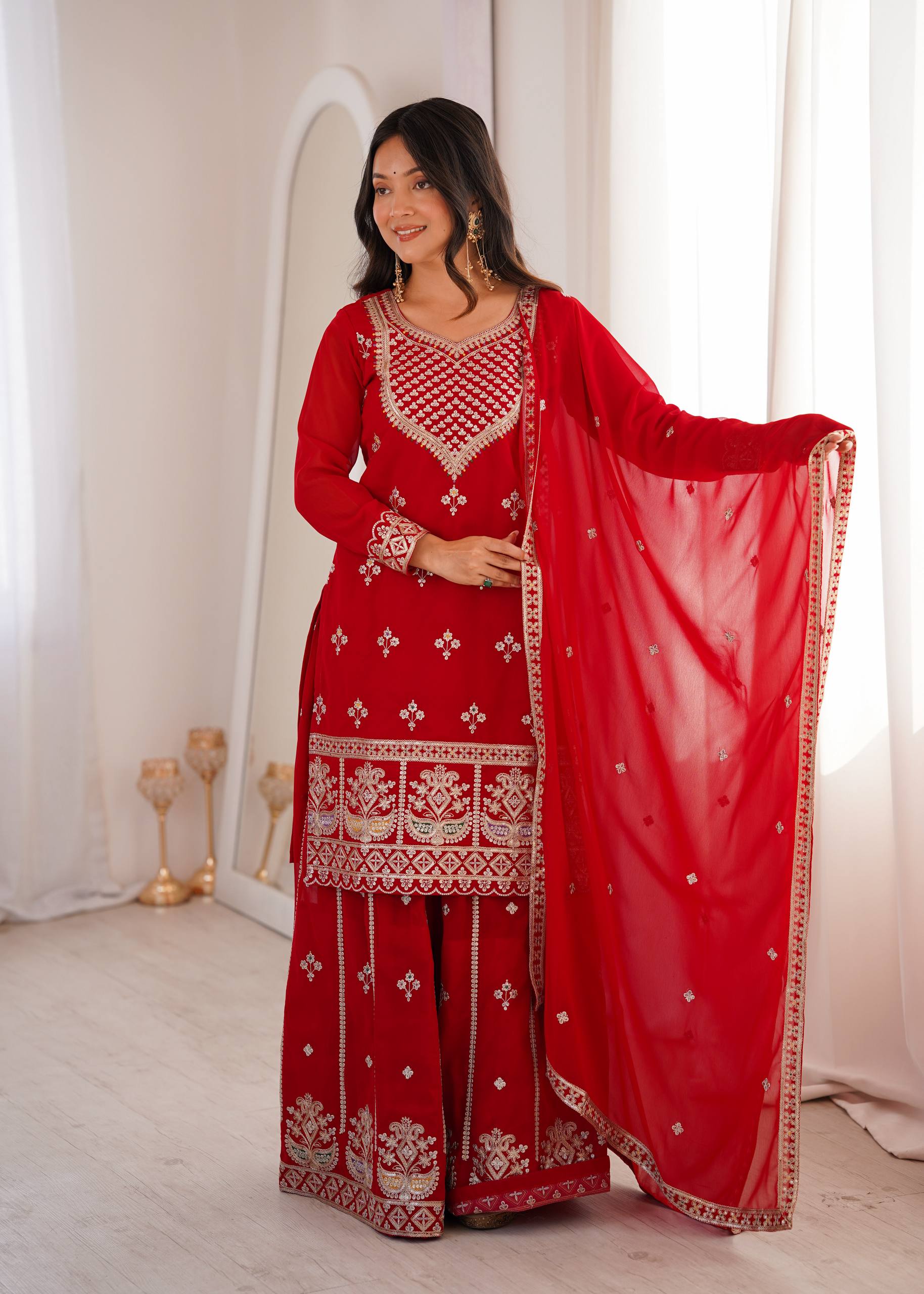 Ruby Red Embroidered Fox Georgette Kurta Palazzo Set with Dupatta