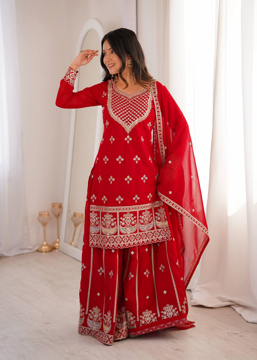 Ruby Red Embroidered Fox Georgette Kurta Palazzo Set with Dupatta
