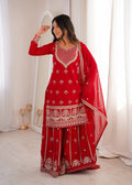 Ruby Red Embroidered Fox Georgette Kurta Palazzo Set with Dupatta