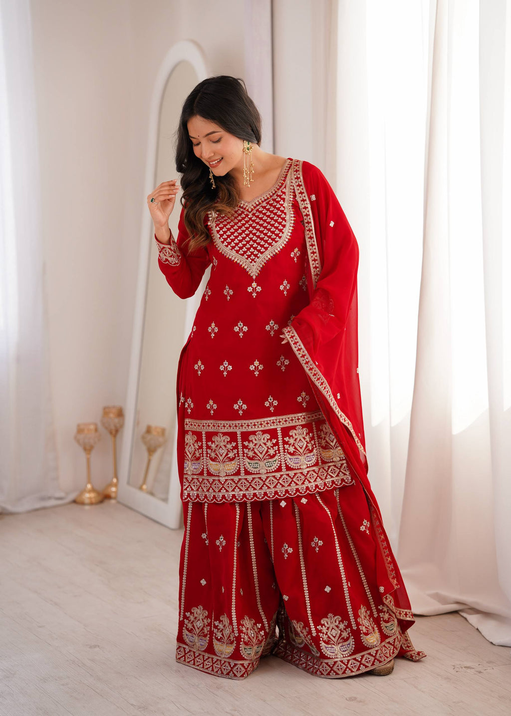 Ruby Red Embroidered Fox Georgette Kurta Palazzo Set with Dupatta