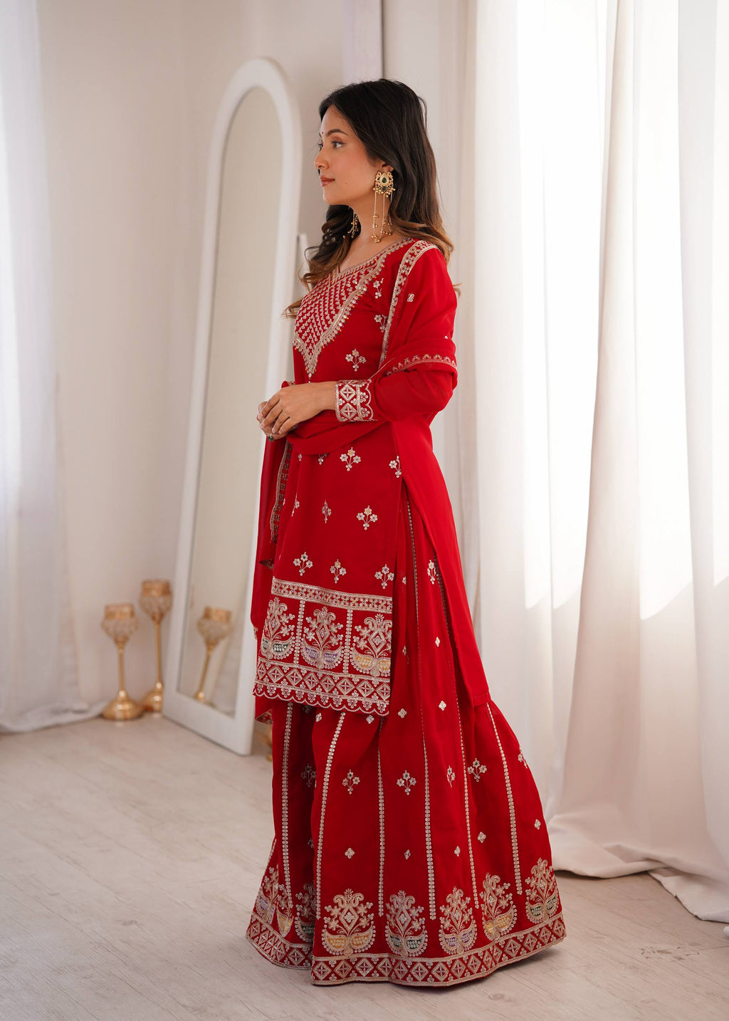 Ruby Red Embroidered Fox Georgette Kurta Palazzo Set with Dupatta