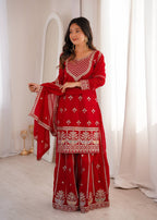 Ruby Red Embroidered Fox Georgette Kurta Palazzo Set with Dupatta