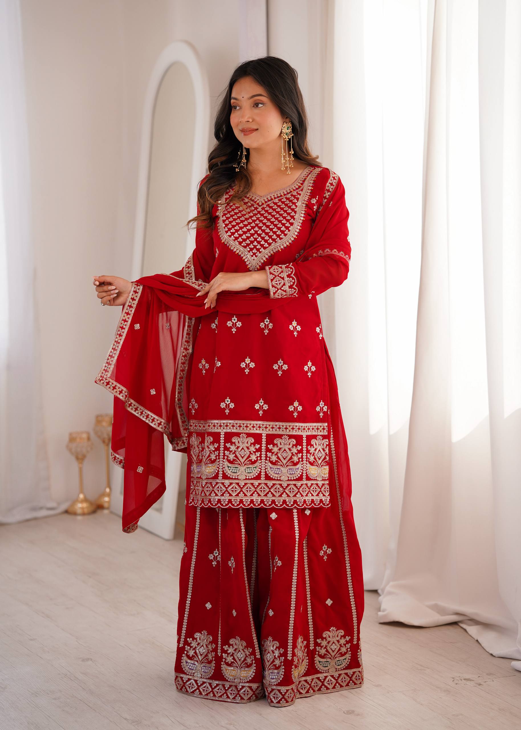 Ruby Red Embroidered Fox Georgette Kurta Palazzo Set with Dupatta