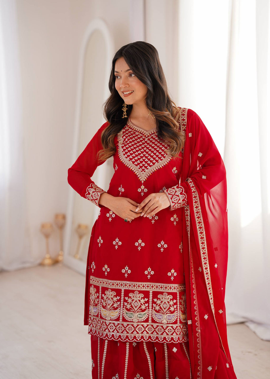 Ruby Red Embroidered Fox Georgette Kurta Palazzo Set with Dupatta