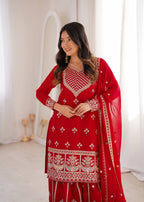 Ruby Red Embroidered Fox Georgette Kurta Palazzo Set with Dupatta