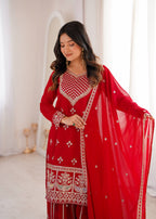 Ruby Red Embroidered Fox Georgette Kurta Palazzo Set with Dupatta