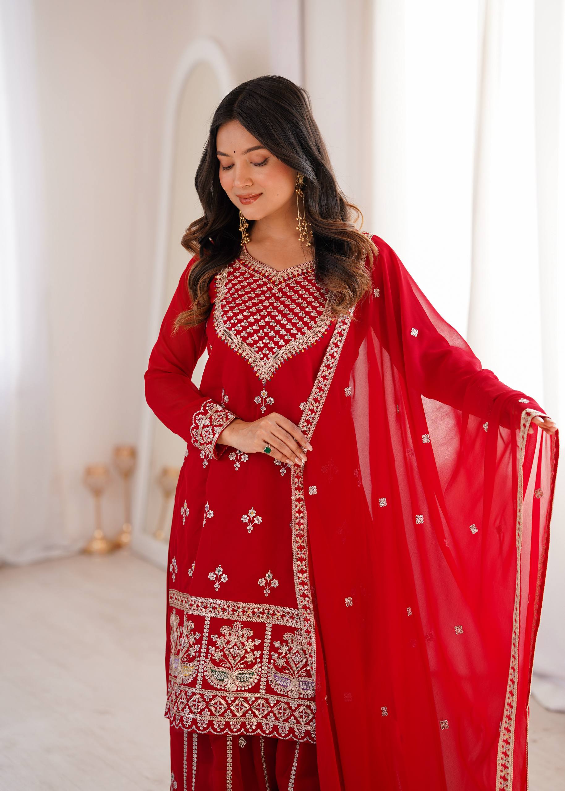 Ruby Red Embroidered Fox Georgette Kurta Palazzo Set with Dupatta