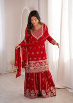 Ruby Red Embroidered Fox Georgette Kurta Palazzo Set with Dupatta