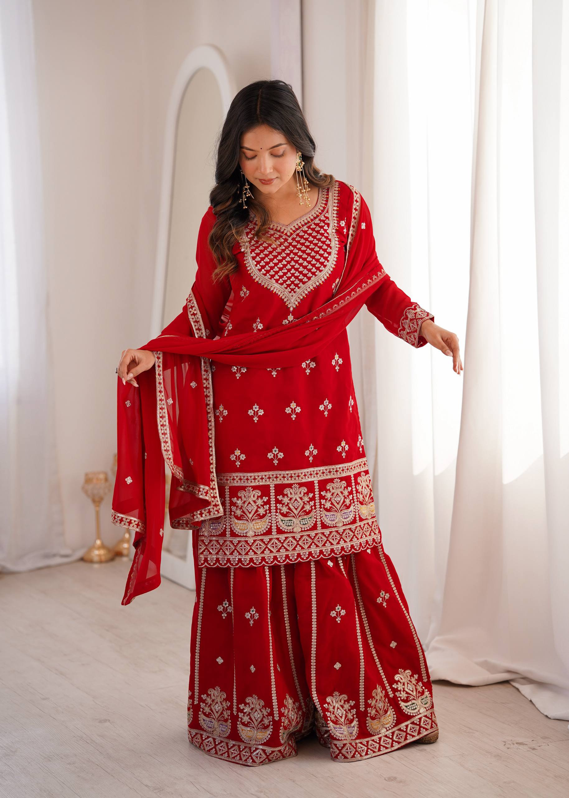 Ruby Red Embroidered Fox Georgette Kurta Palazzo Set with Dupatta