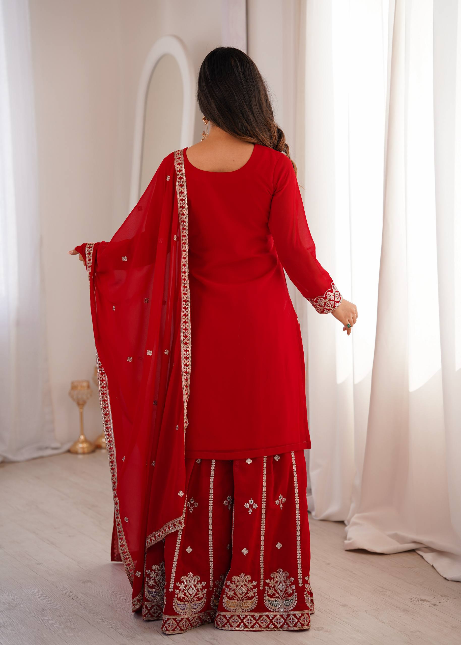 Ruby Red Embroidered Fox Georgette Kurta Palazzo Set with Dupatta