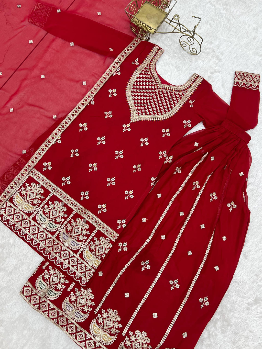 Ruby Red Embroidered Fox Georgette Kurta Palazzo Set with Dupatta