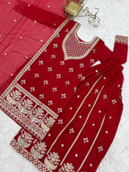 Ruby Red Embroidered Fox Georgette Kurta Palazzo Set with Dupatta