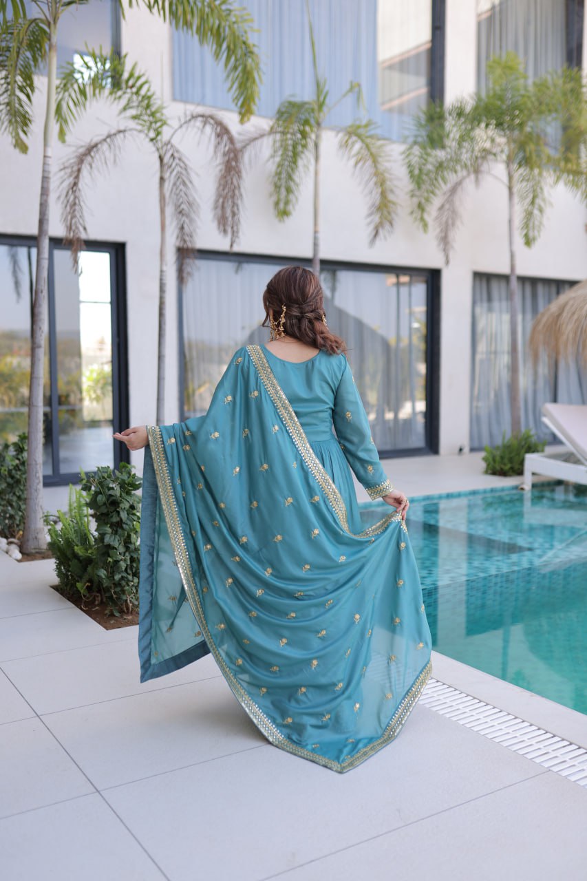 Teal Blue Embroidered Anarkali Set with Dupatta