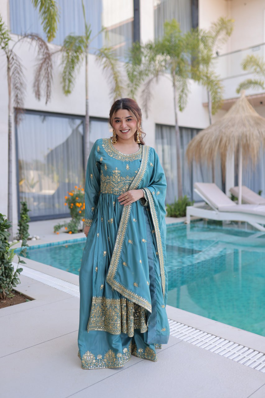 Teal Blue Embroidered Anarkali Set with Dupatta