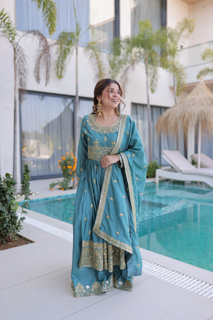 Teal Blue Embroidered Anarkali Set with Dupatta