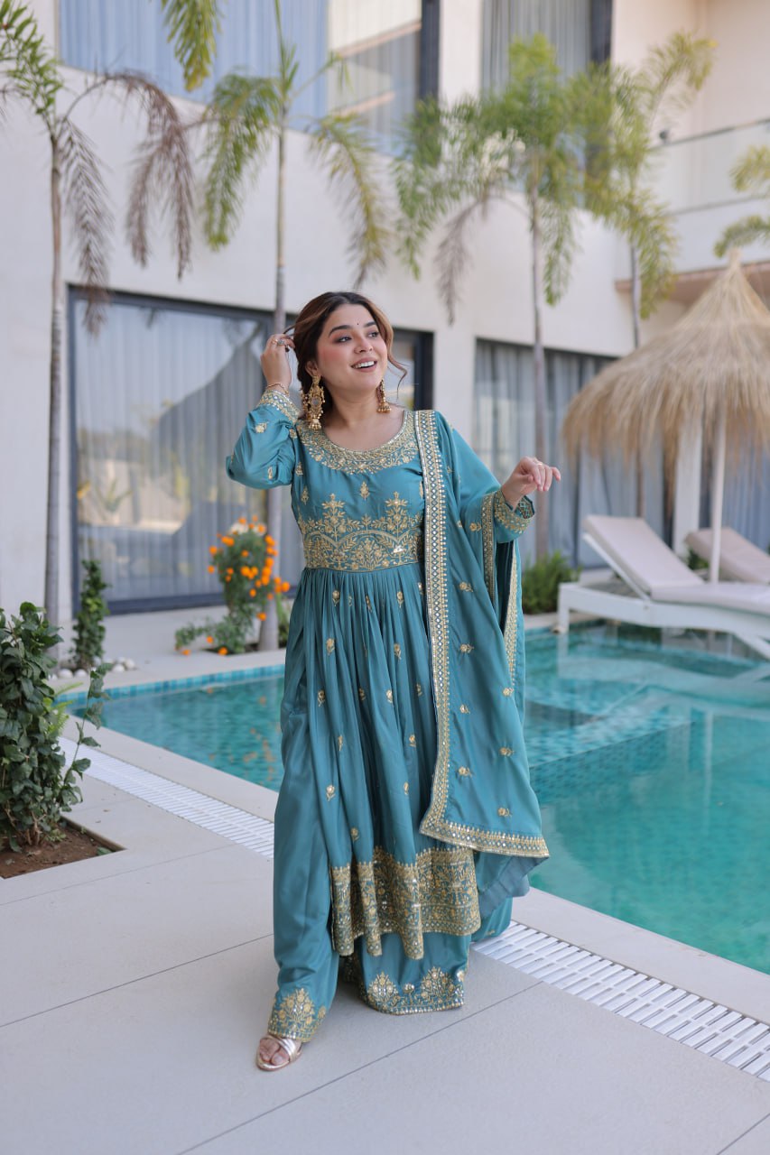 Teal Blue Embroidered Anarkali Set with Dupatta