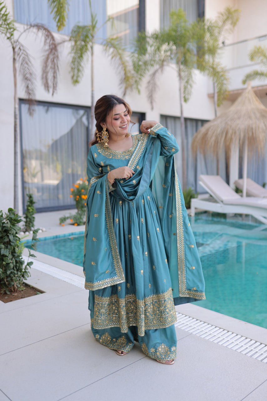 Teal Blue Embroidered Anarkali Set with Dupatta