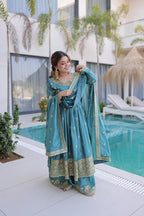 Teal Blue Embroidered Anarkali Set with Dupatta