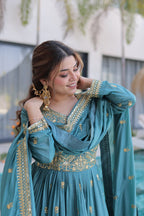 Teal Blue Embroidered Anarkali Set with Dupatta