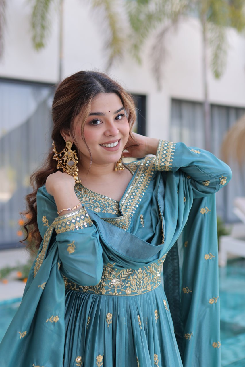 Teal Blue Embroidered Anarkali Set with Dupatta