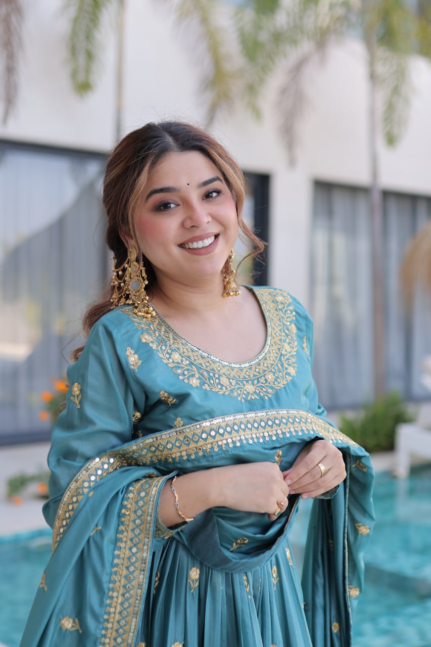 Teal Blue Embroidered Anarkali Set with Dupatta