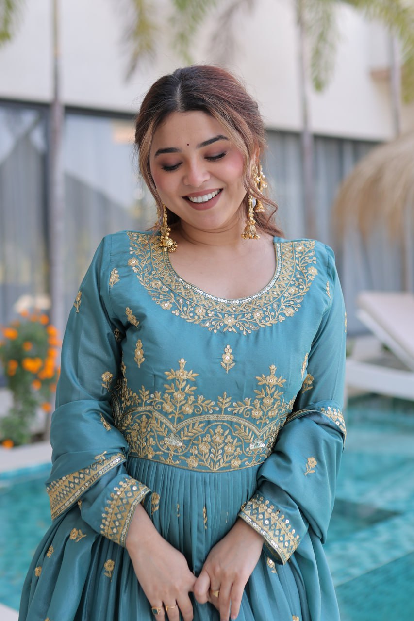 Teal Blue Embroidered Anarkali Set with Dupatta