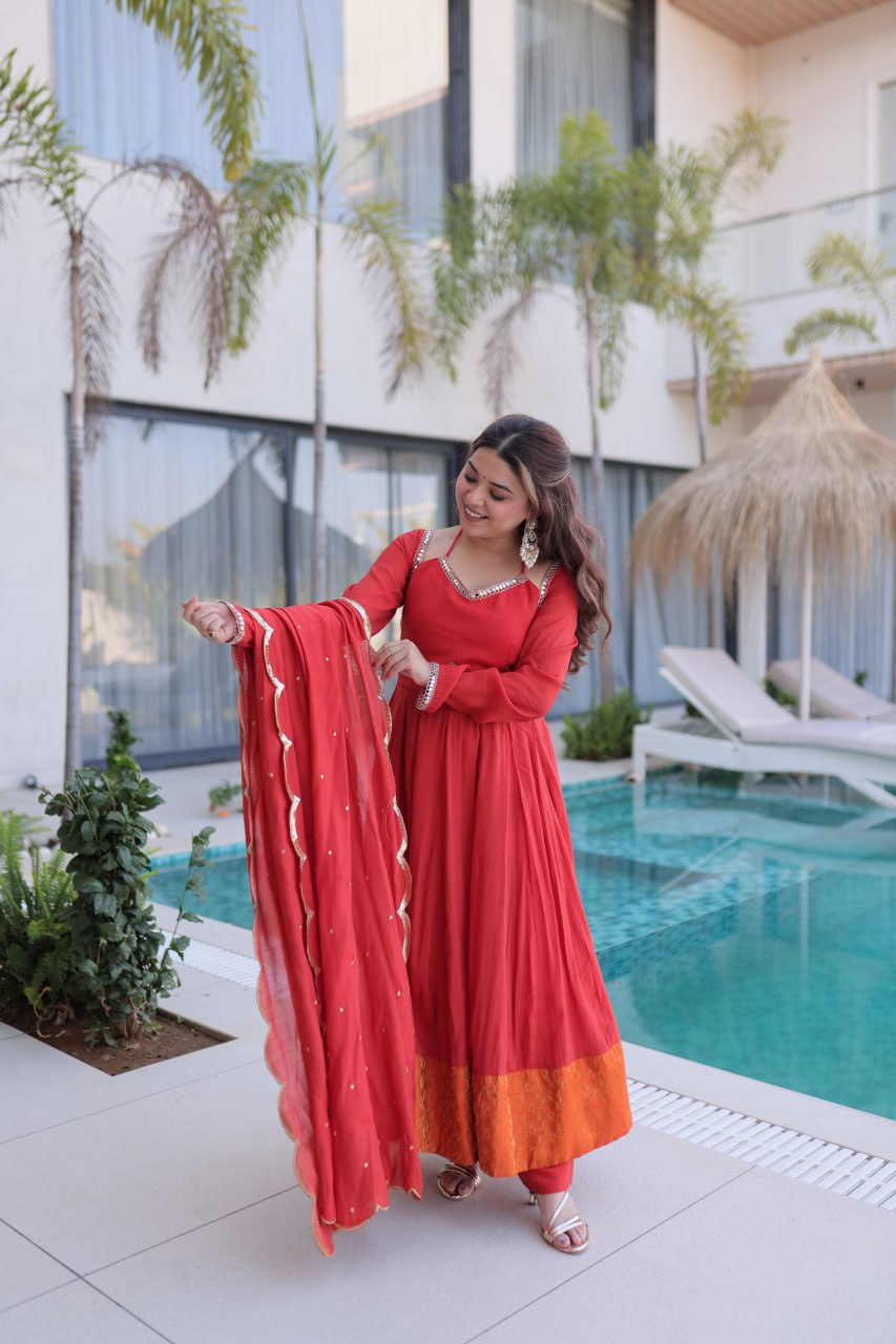 Beautiful Ruby Red Anarkali Gown with Elegant Dupatta