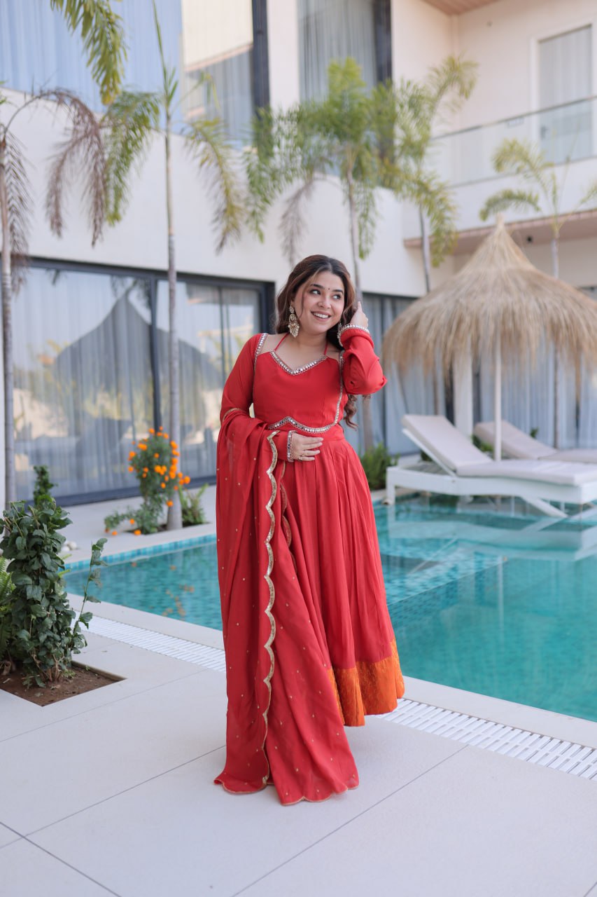 Beautiful Ruby Red Anarkali Gown with Elegant Dupatta