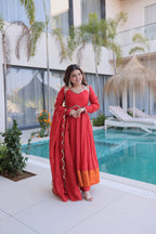 Beautiful Ruby Red Anarkali Gown with Elegant Dupatta