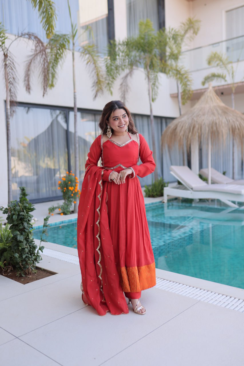 Beautiful Ruby Red Anarkali Gown with Elegant Dupatta