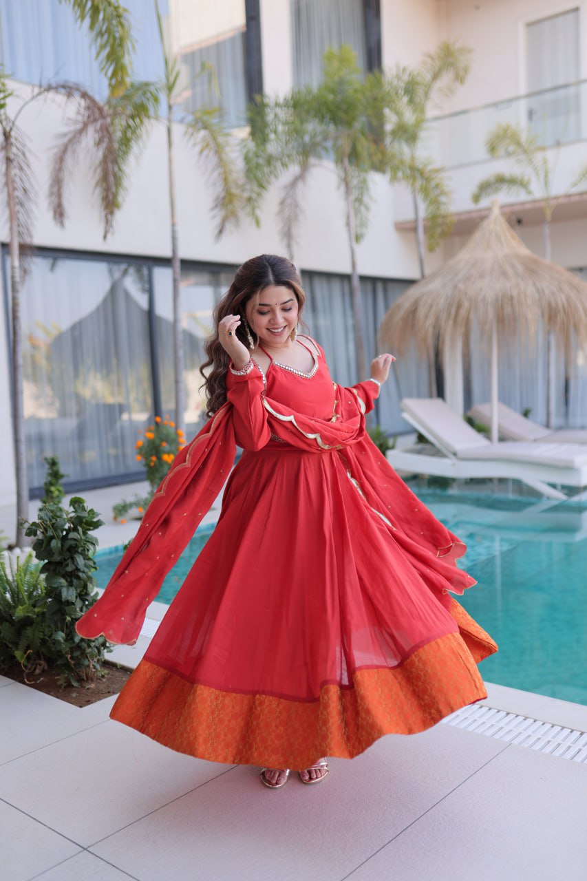 Beautiful Ruby Red Anarkali Gown with Elegant Dupatta