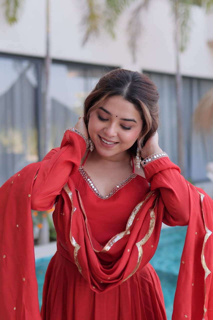 Beautiful Ruby Red Anarkali Gown with Elegant Dupatta