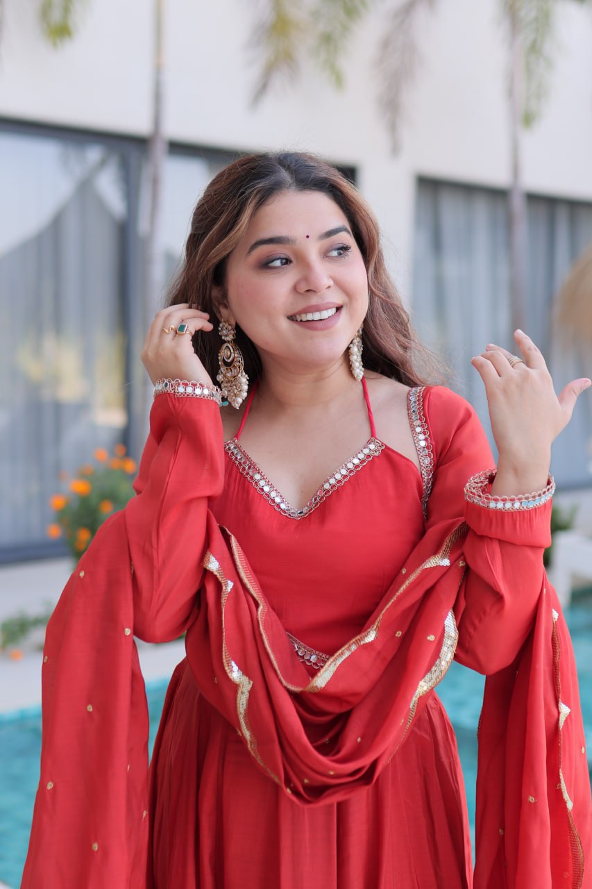 Beautiful Ruby Red Anarkali Gown with Elegant Dupatta
